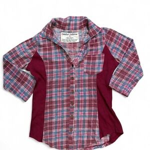Y2K Comfort Outfitter Plaid Fitted Button Up Shirt Ribbed Sides 100% Cotton M